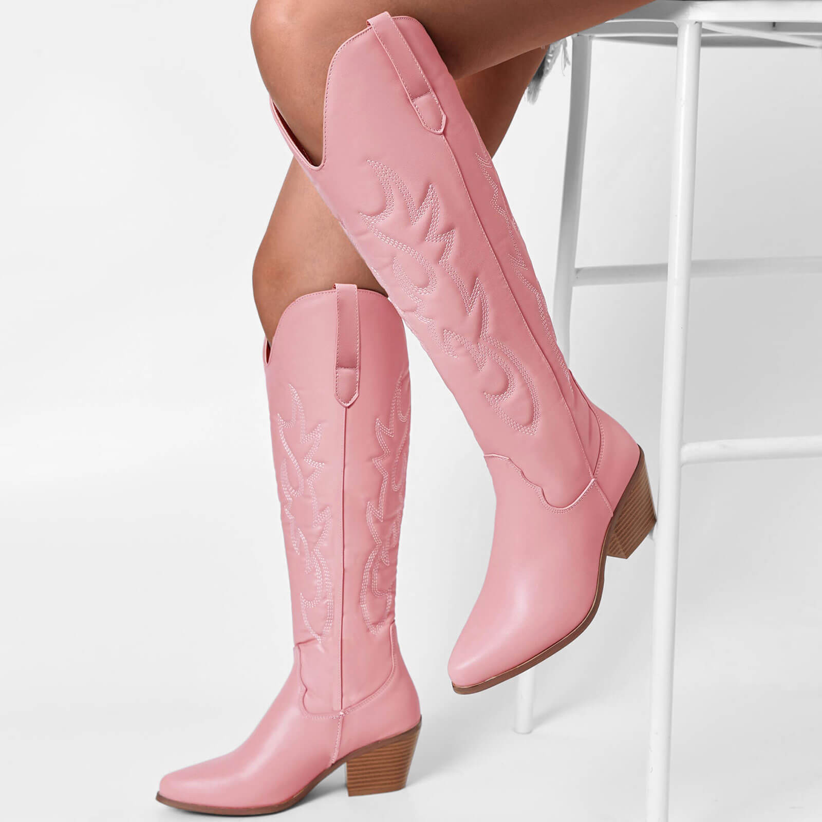 Western Embroidery Pointed Toes Knee High Cowboy Boots