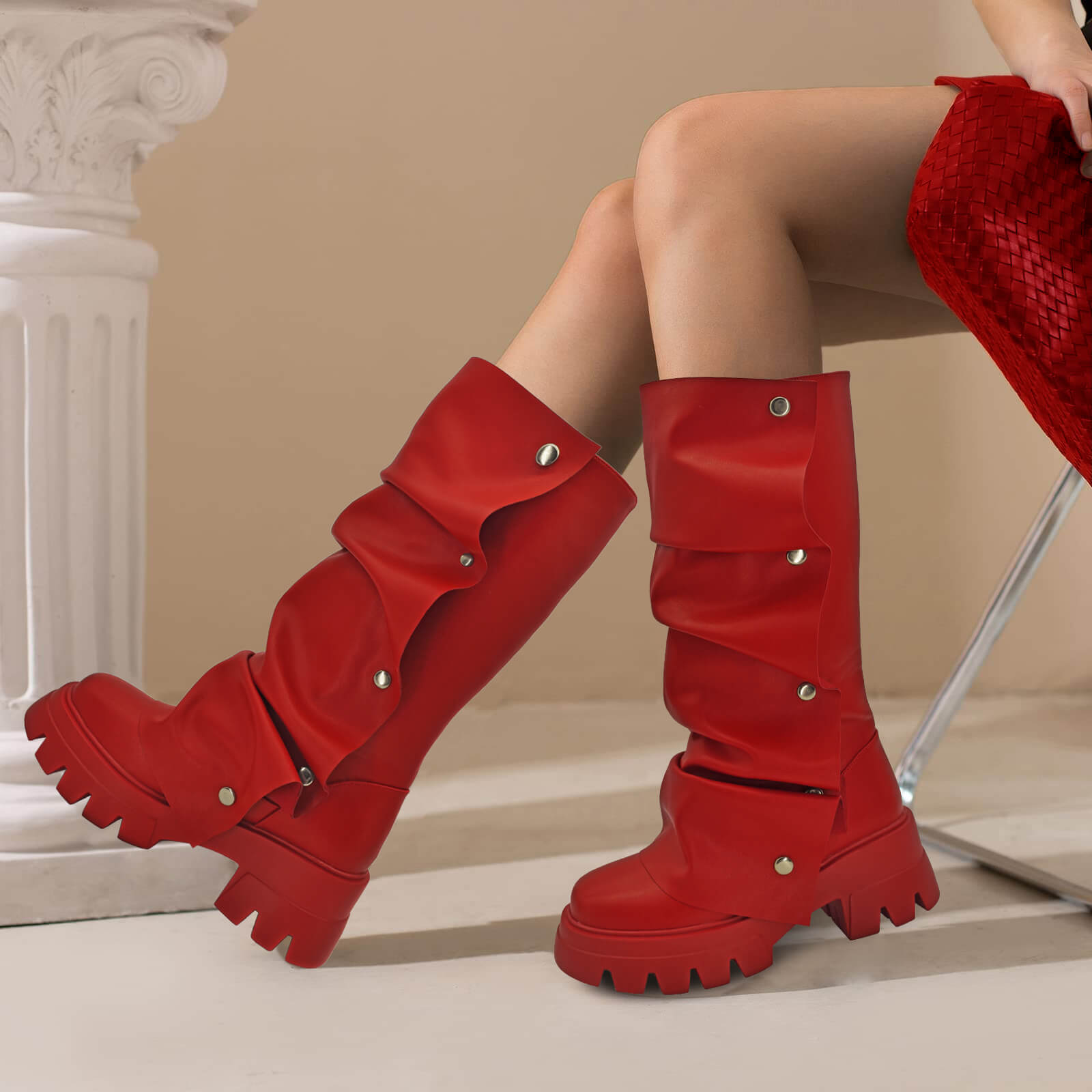 Women's Combat Mid-Calf Chunky Boots Detachable Pull-On Wide Calf  Panel Shark Platform Boots  Round toe Party Dress Boot