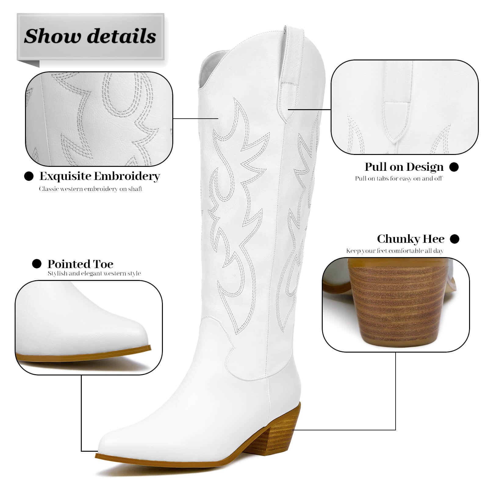 Western Embroidery Pointed Toes Knee High Cowboy Boots