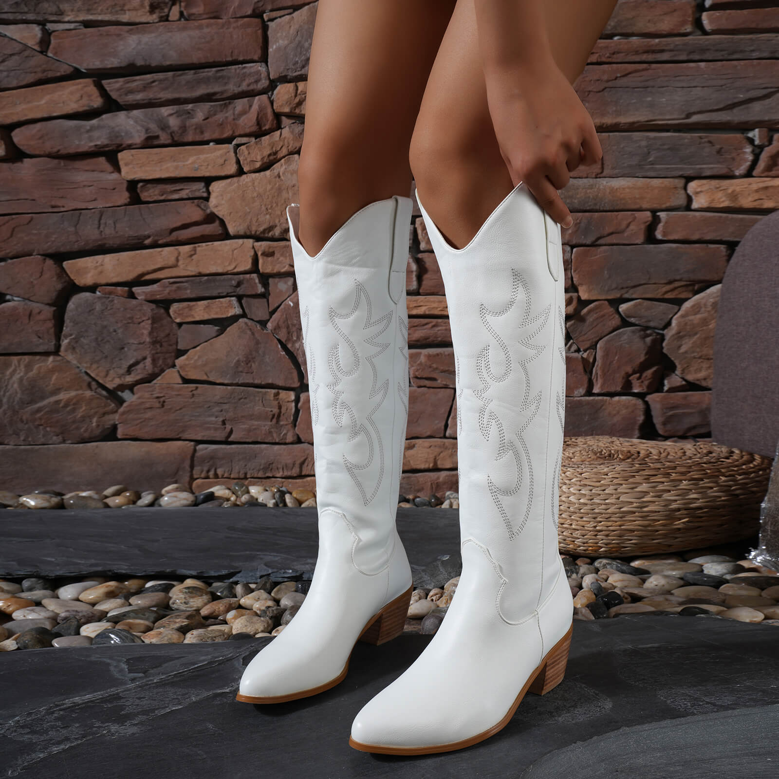 Western Embroidery Pointed Toes Knee High Cowboy Boots