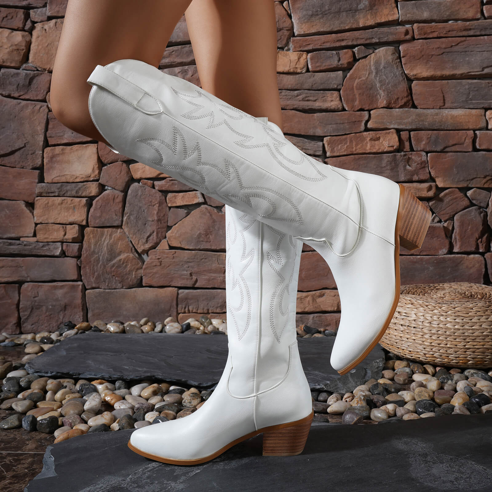 Western Embroidery Pointed Toes Knee High Cowboy Boots