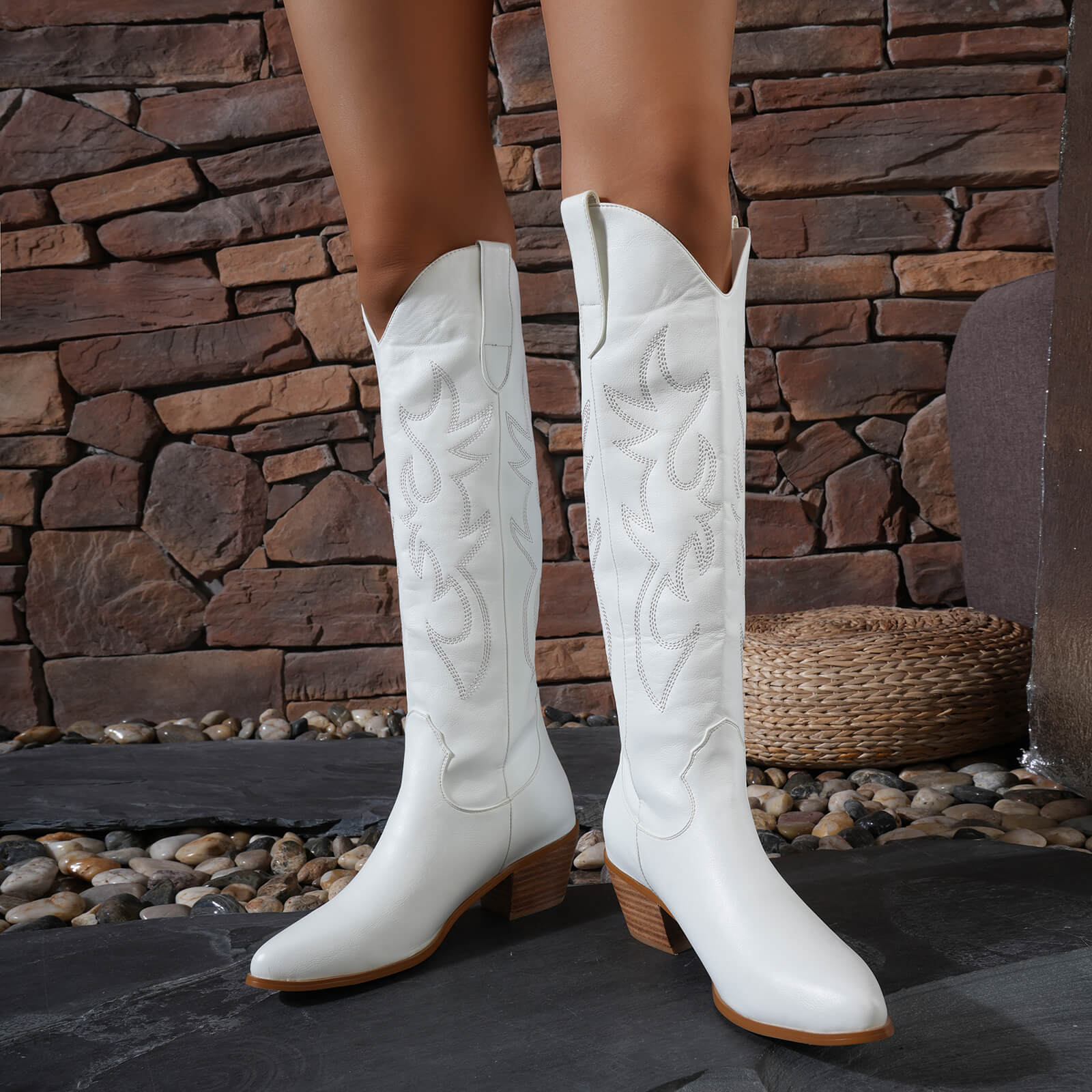 Western Embroidery Pointed Toes Knee High Cowboy Boots